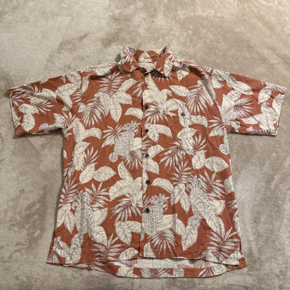 Island Republic Mens Silk Tropical Pineapple Parrot Camp Shirt Terracotta Medium